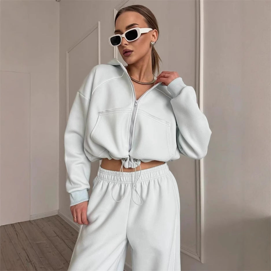 Women’s Solid Color Hooded Zip Up Jacket and Jogger Set - Image 5