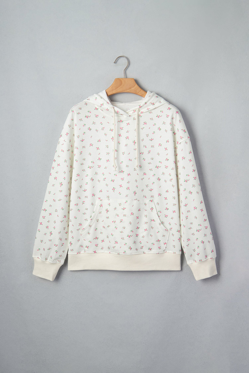 Floral Drop Shoulder Kangaroo Pocket Drawstring Hoodie
