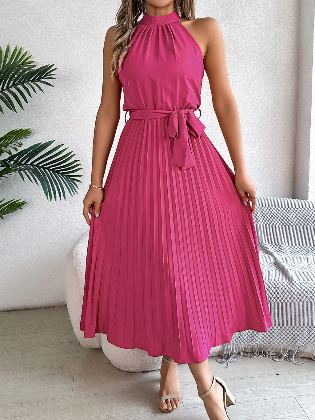 Elegant Sleeveless Midi Dress in Pink, Burgundy, and Black