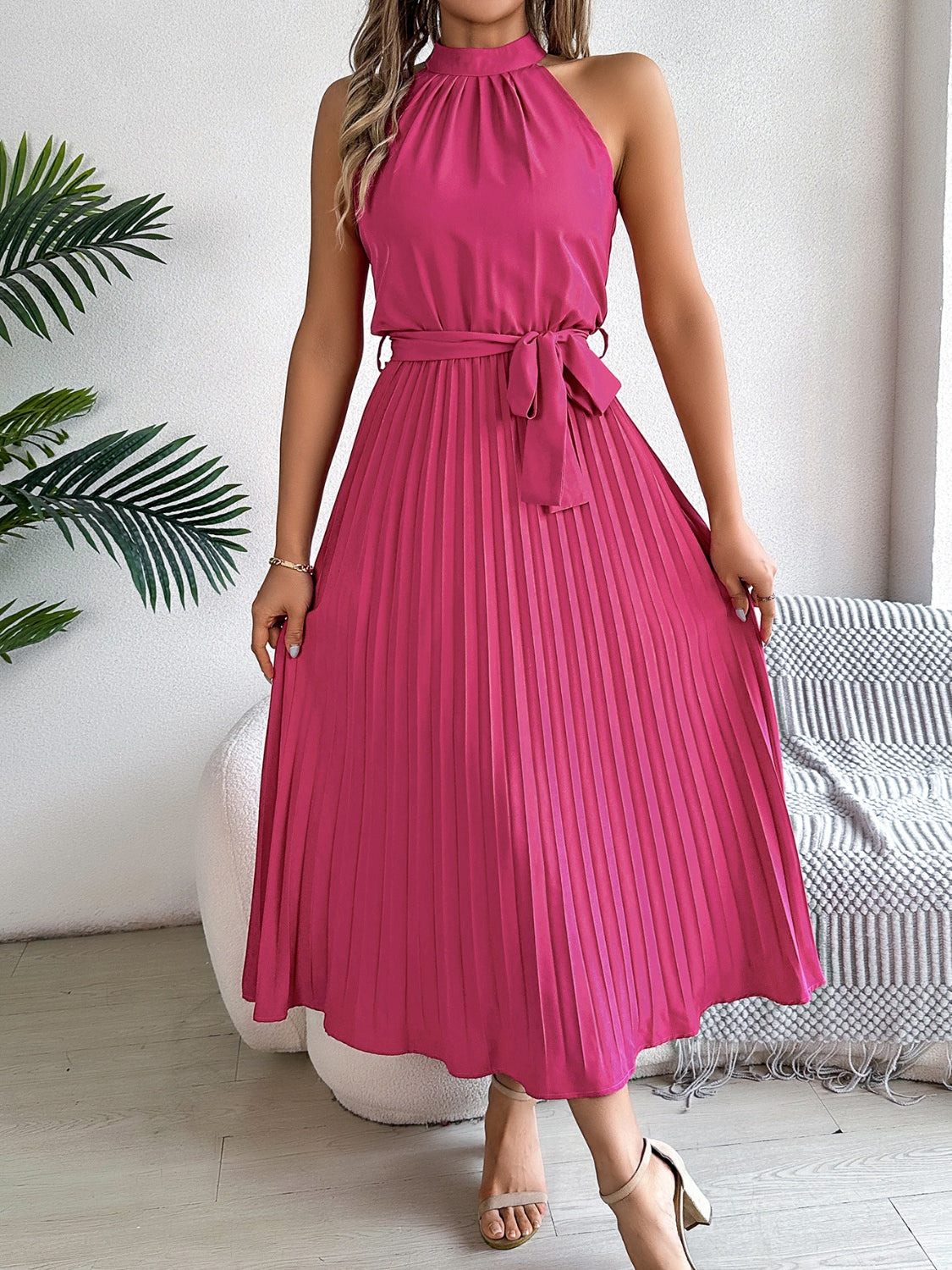 Elegant Sleeveless Midi Dress in Pink, Burgundy, and Black