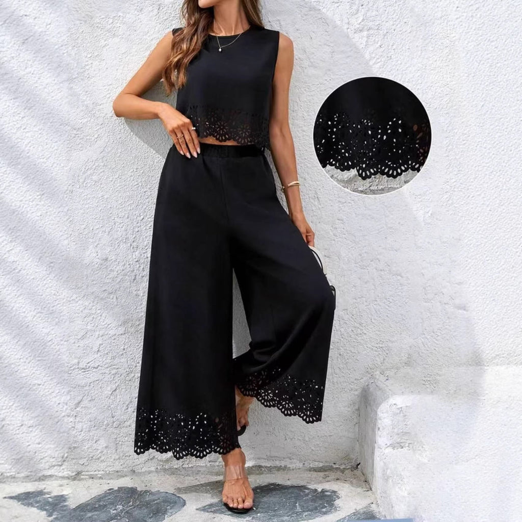 Women's 2-Piece Hollow-Out Tank Top and Wide-Leg Pants Set
