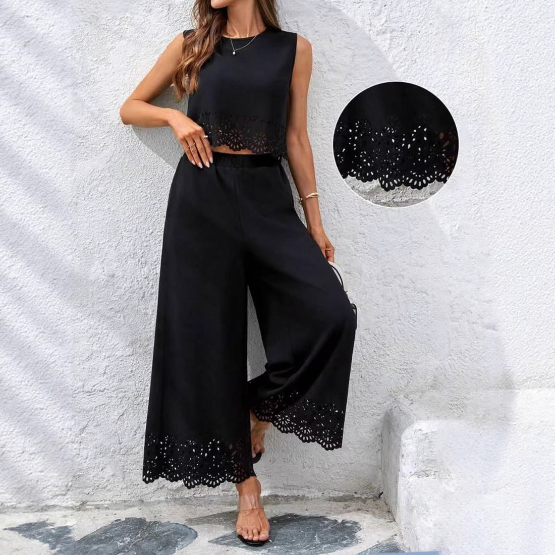 Women's 2-Piece Hollow-Out Tank Top and Wide-Leg Pants Set