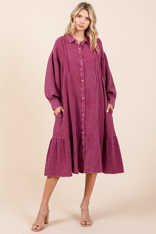 Mineral Wash Cotton Gauze Ruffle Midi Shirt Dress