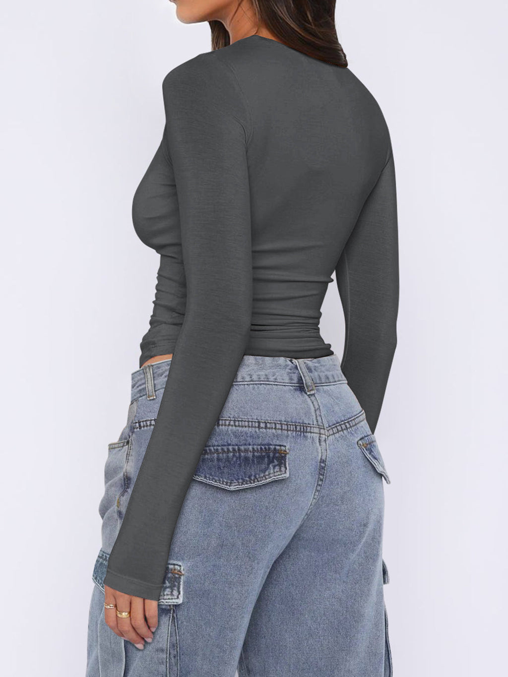 Ruched Asymmetrical Neck Long Sleeve T-Shirt in Slim Fit - Image 14