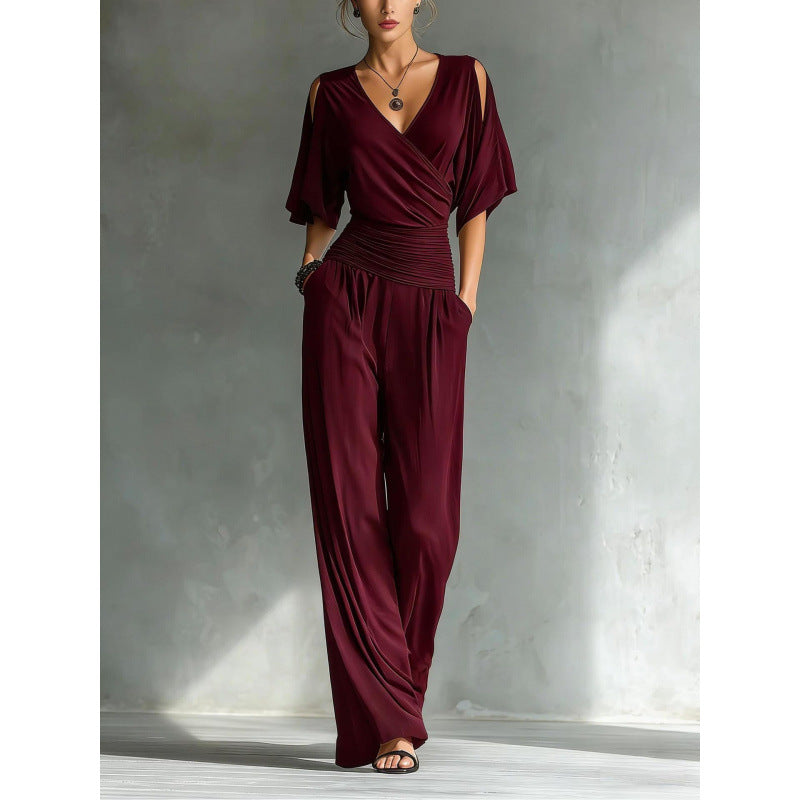 Women's V-Neck Slim Fit Straight Leg Jumpsuit in Khaki