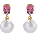 GC Pink Tourmaline Pearl Earrings – 14K Yellow Gold Akoya Drop