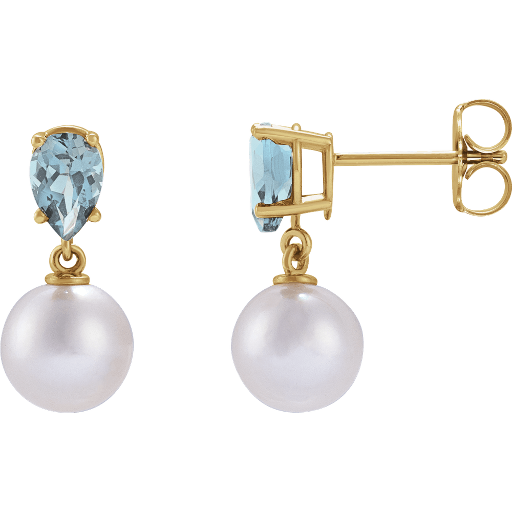 GC Aquamarine Pearl Earrings – 14K Yellow Gold Akoya Pearl Drop