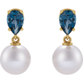 GC London Pearl & Blue Topaz Earrings – 14K Yellow Gold Akoya Pearl