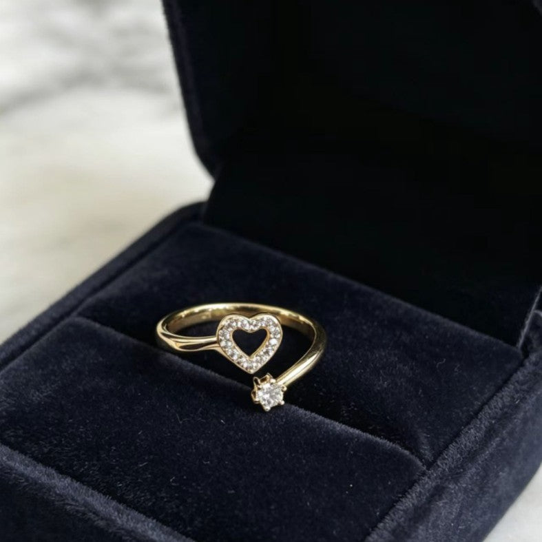 Gold Open-Heart Single-Stone Adjustable Ring for Women