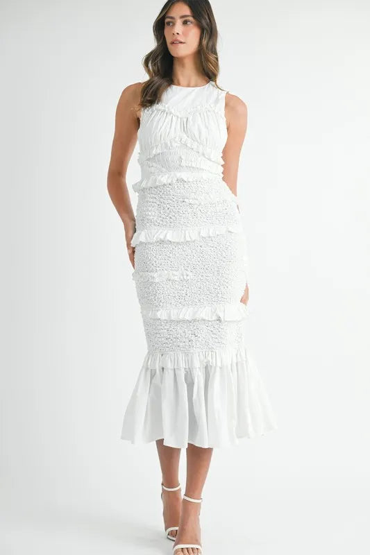 White Ruffled Popcorn Smocked Mermaid Midi Dress