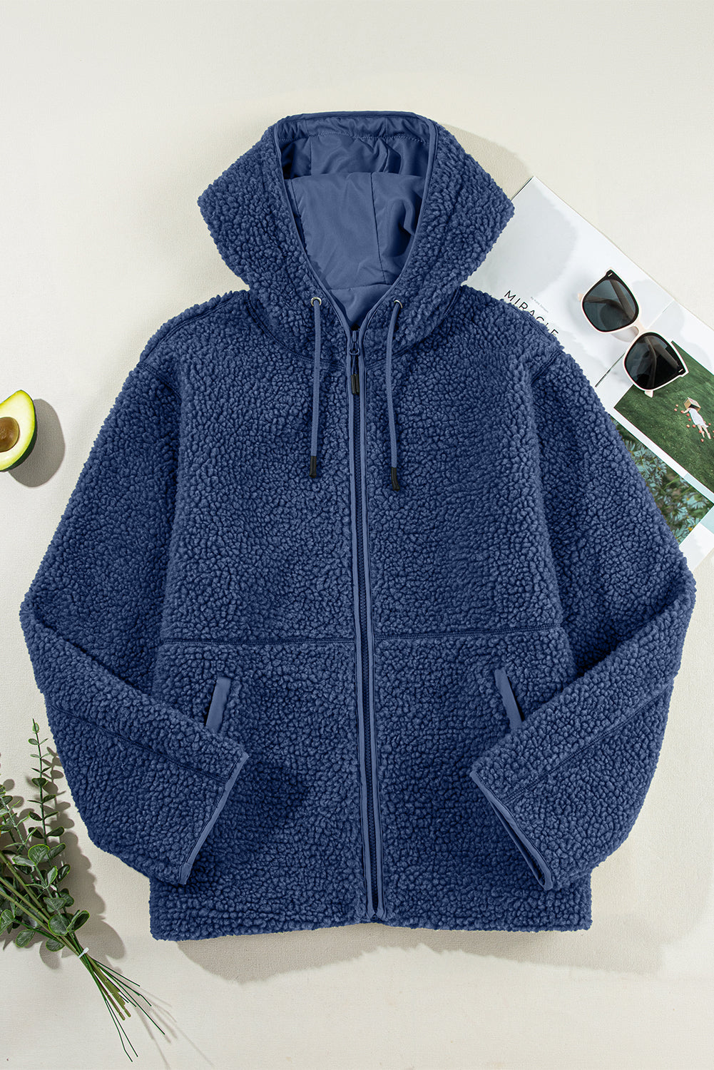 Women's Solid Fleece Zip-Up Hooded Jacket with Drawstring Pockets
