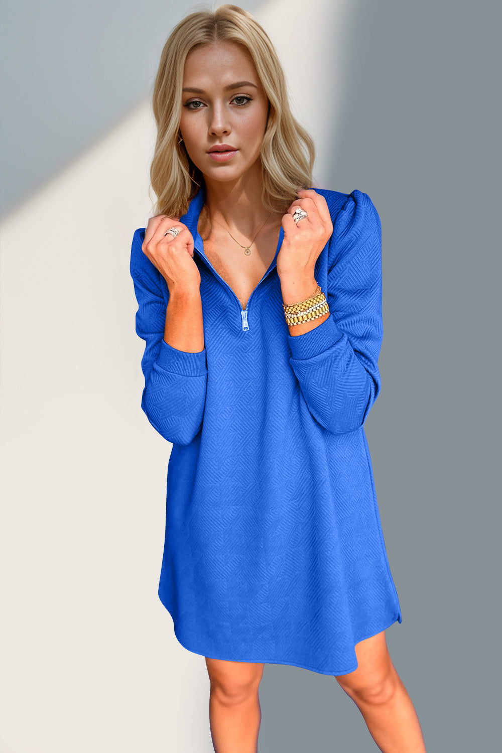 Textured Zip-Front Long Sleeve Dress - Elegant Women's Apparel