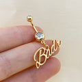 Custom script name belly ring in gold-tone with sparkling clear cubic zirconia accents