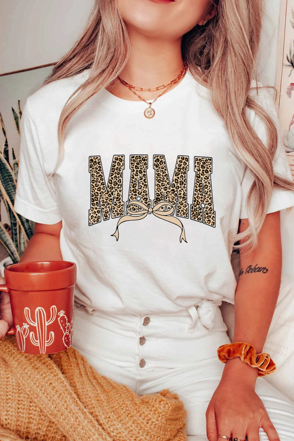 White Leopard Bow MAMA Graphic Crew Neck T Shirt