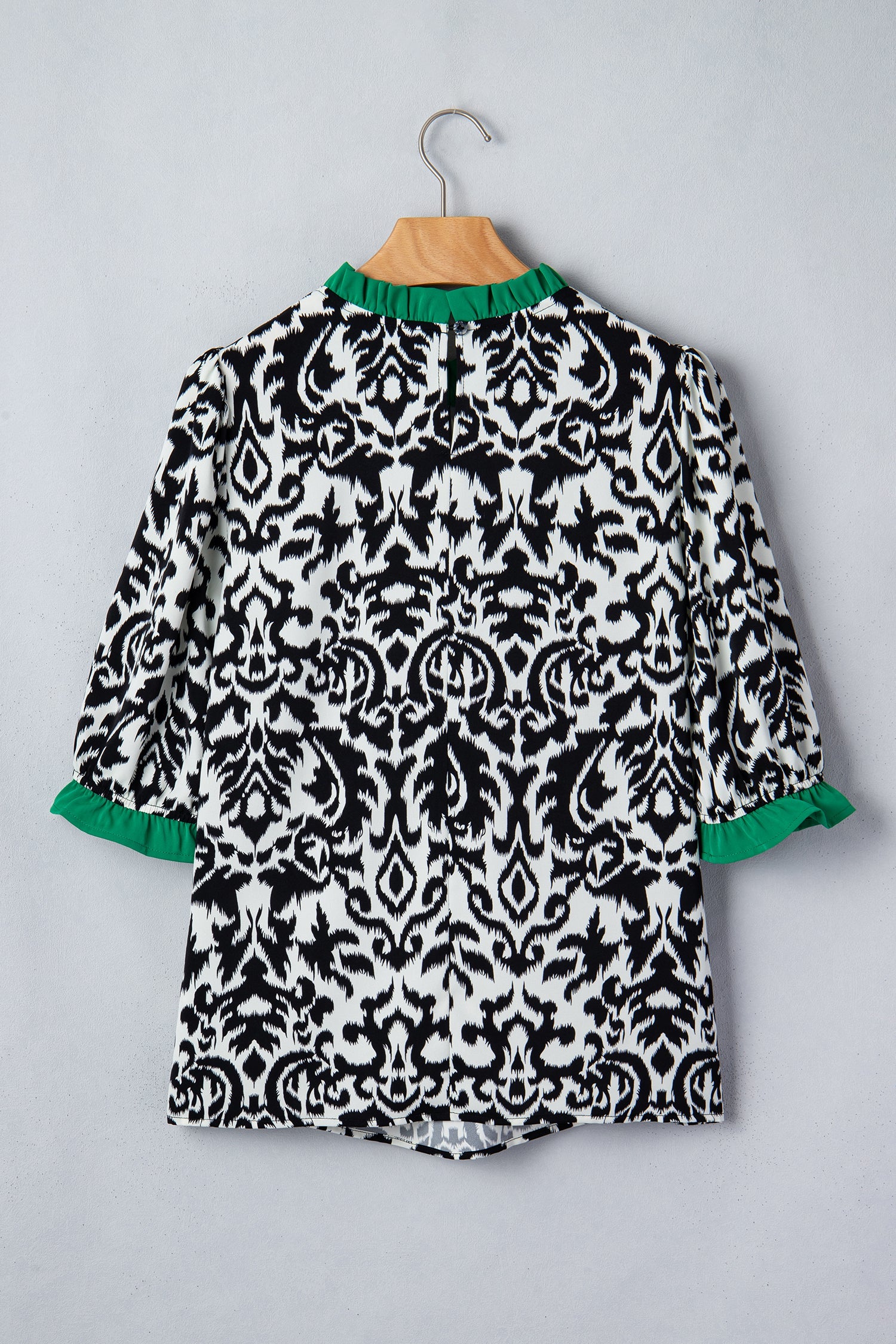 Abstract Damask Colorblock Ruffle 3/4 Sleeve Blouse