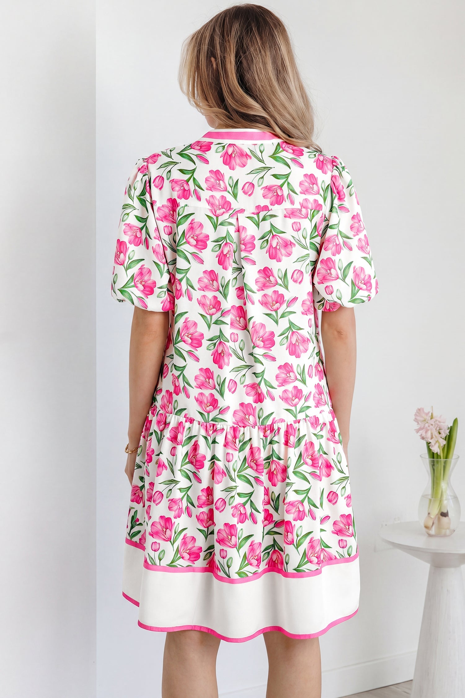Aliya Floral Print Short Dress with Block Trim