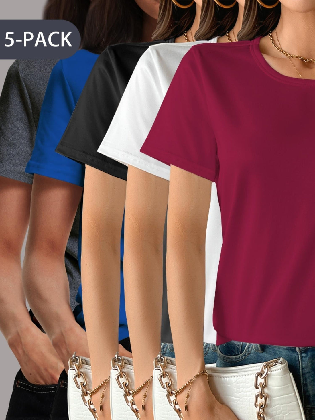 A 5-pack of women's short sleeve crew neck t-shirts in various colors including charcoal, royal blue, black, white, and maroon.