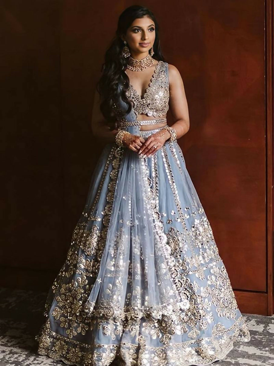Grey Net Lehenga Choli with zari embroidery and paper mirror work