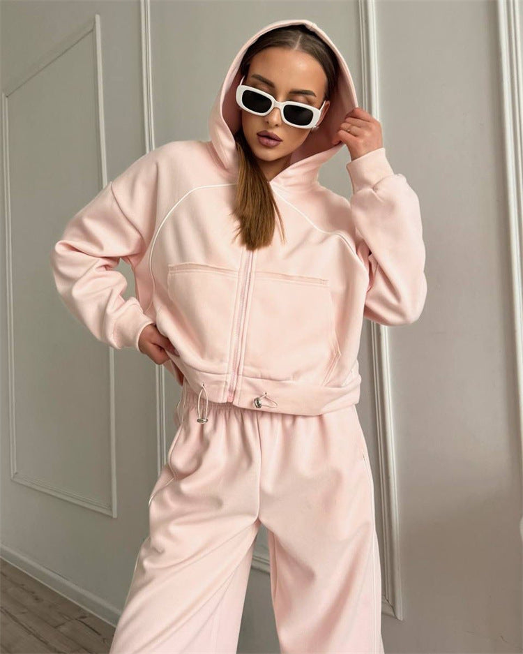 Women’s Solid Color Hooded Zip Up Jacket and Jogger Set - Image 11