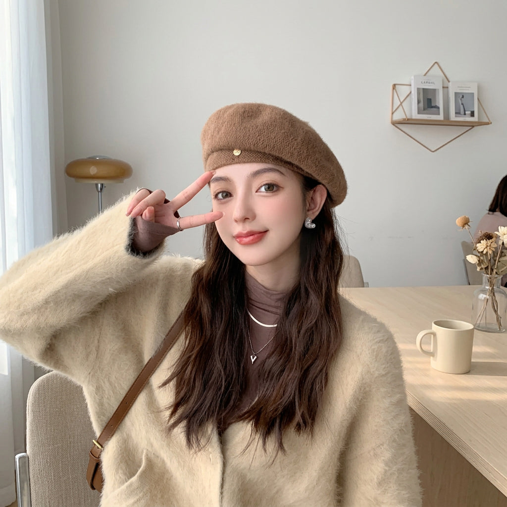 Korean & Japanese Style Pumpkin Painter Hat – Warm Windproof Dome Beanie