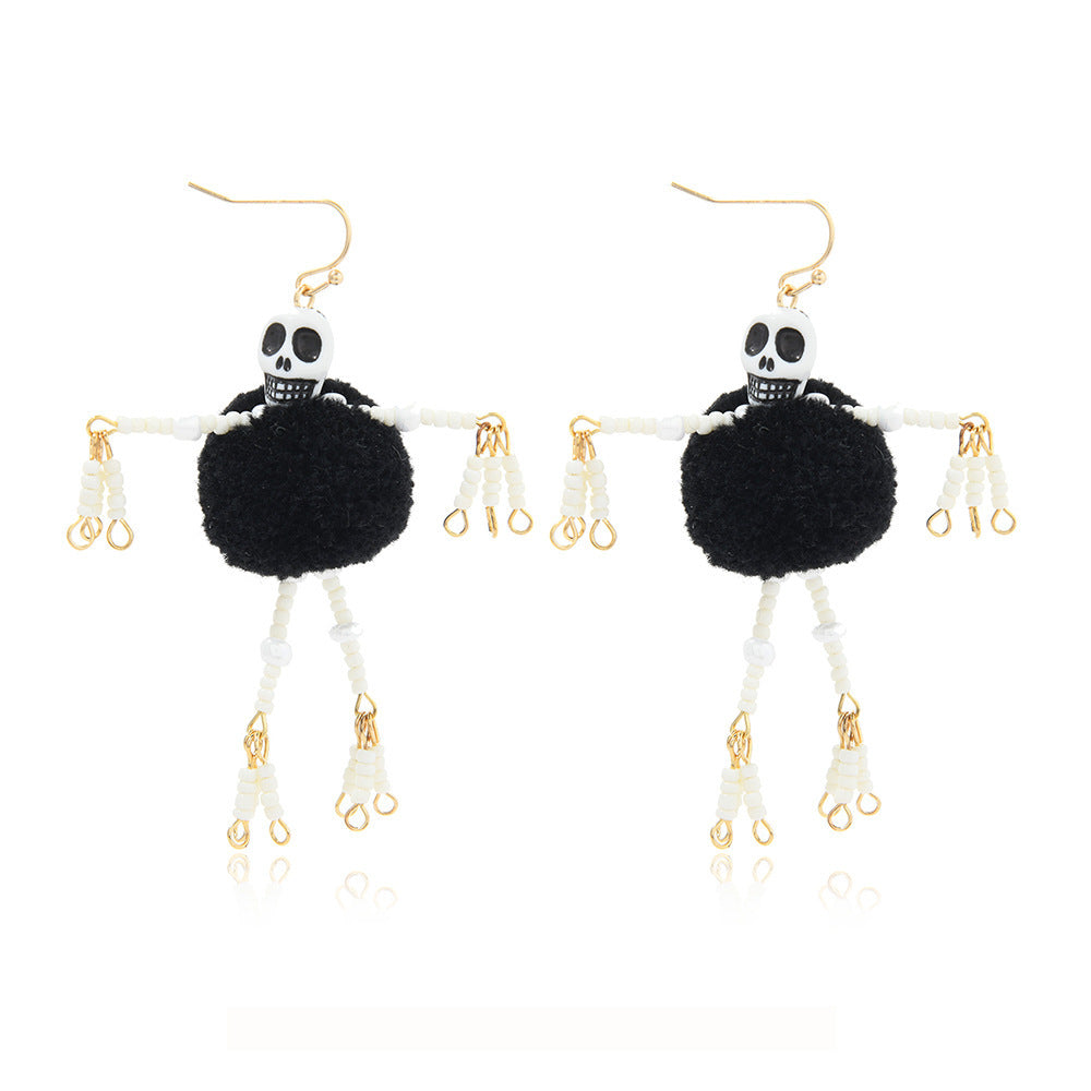 Women Halloween Skeleton Pom Pom Beaded Dangle Earrings, Gold Plated Gothic Long Drop Earrings For Costume Party Cosplay Holiday Gift