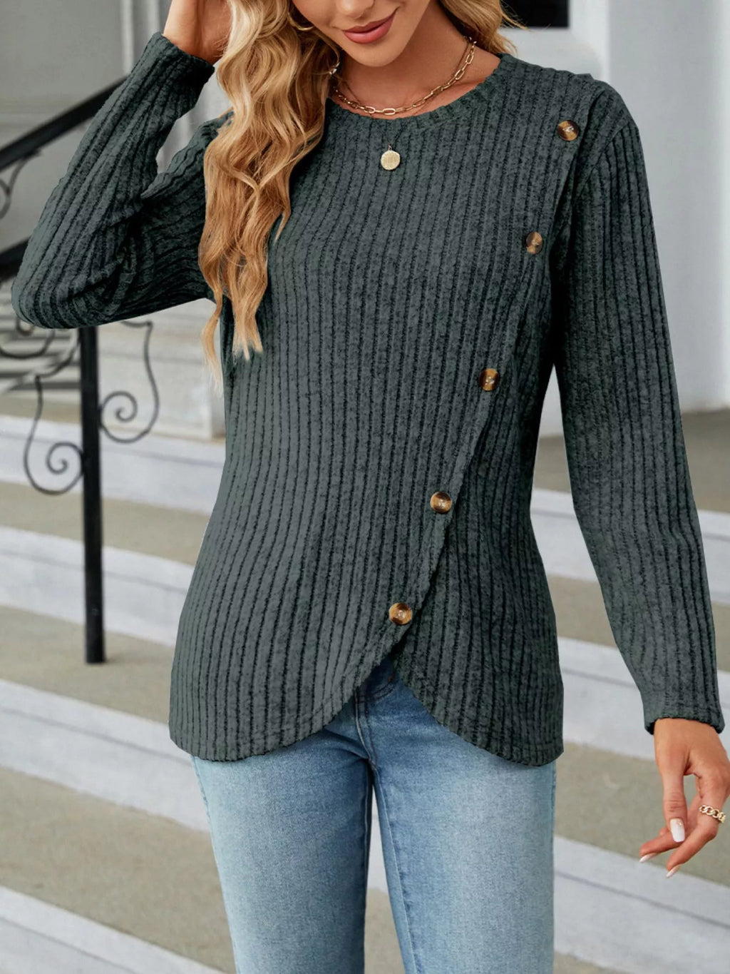 Blue Ribbed Knit Long Sleeve Top with Decorative Button Detail - Image 13