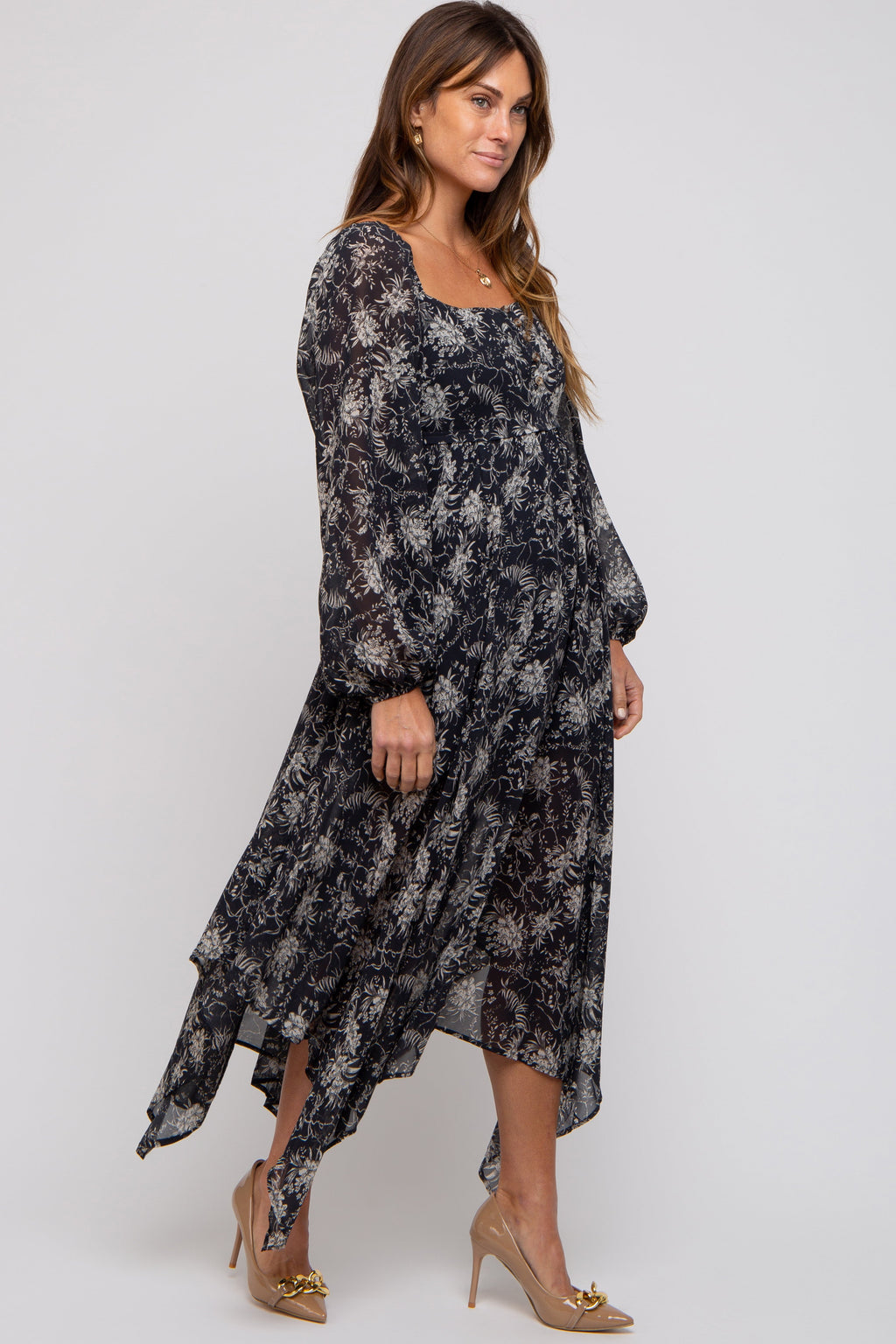 Charcoal Floral Chiffon Square Neck Button Front Midi Dress