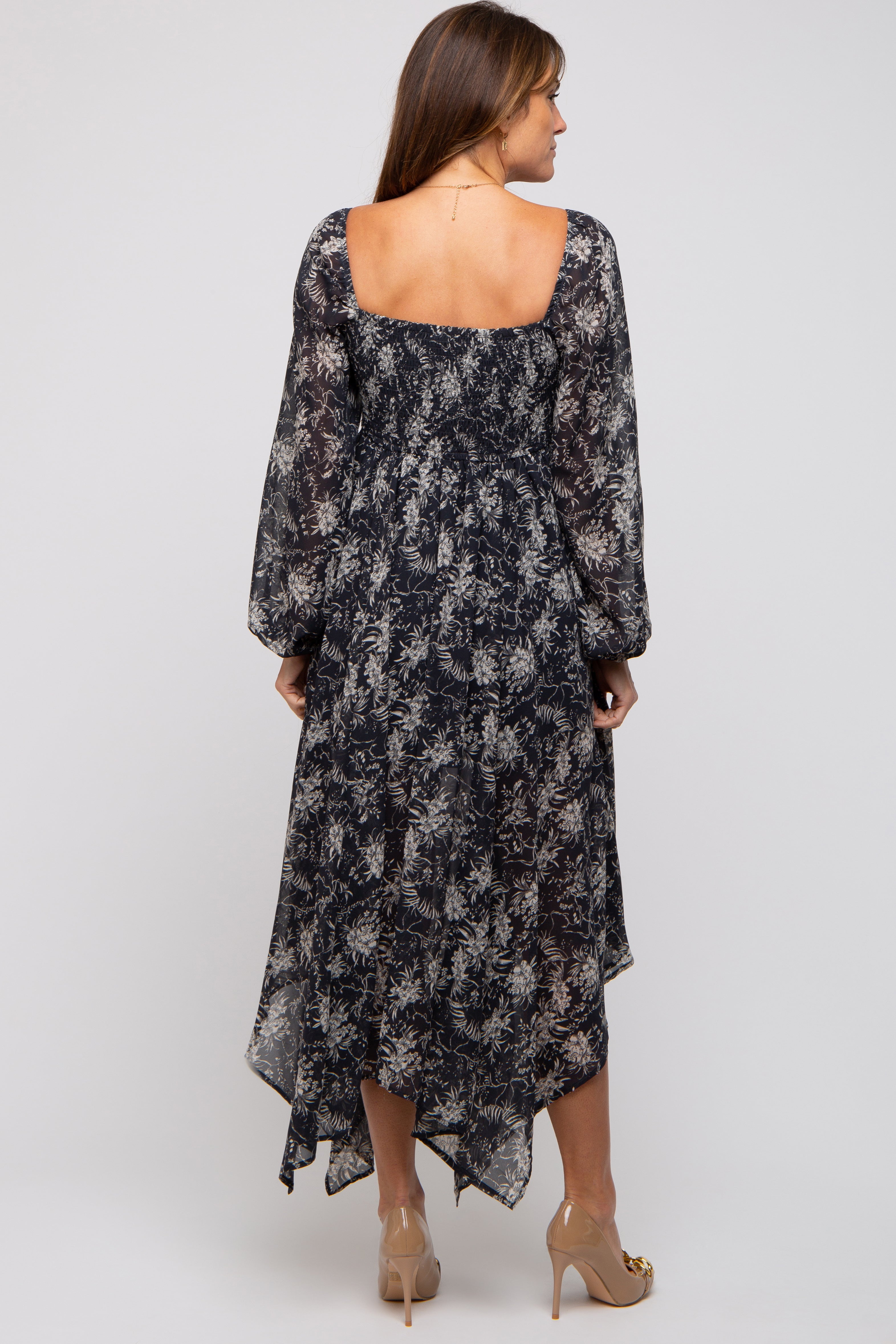 Charcoal Floral Chiffon Square Neck Button Front Midi Dress