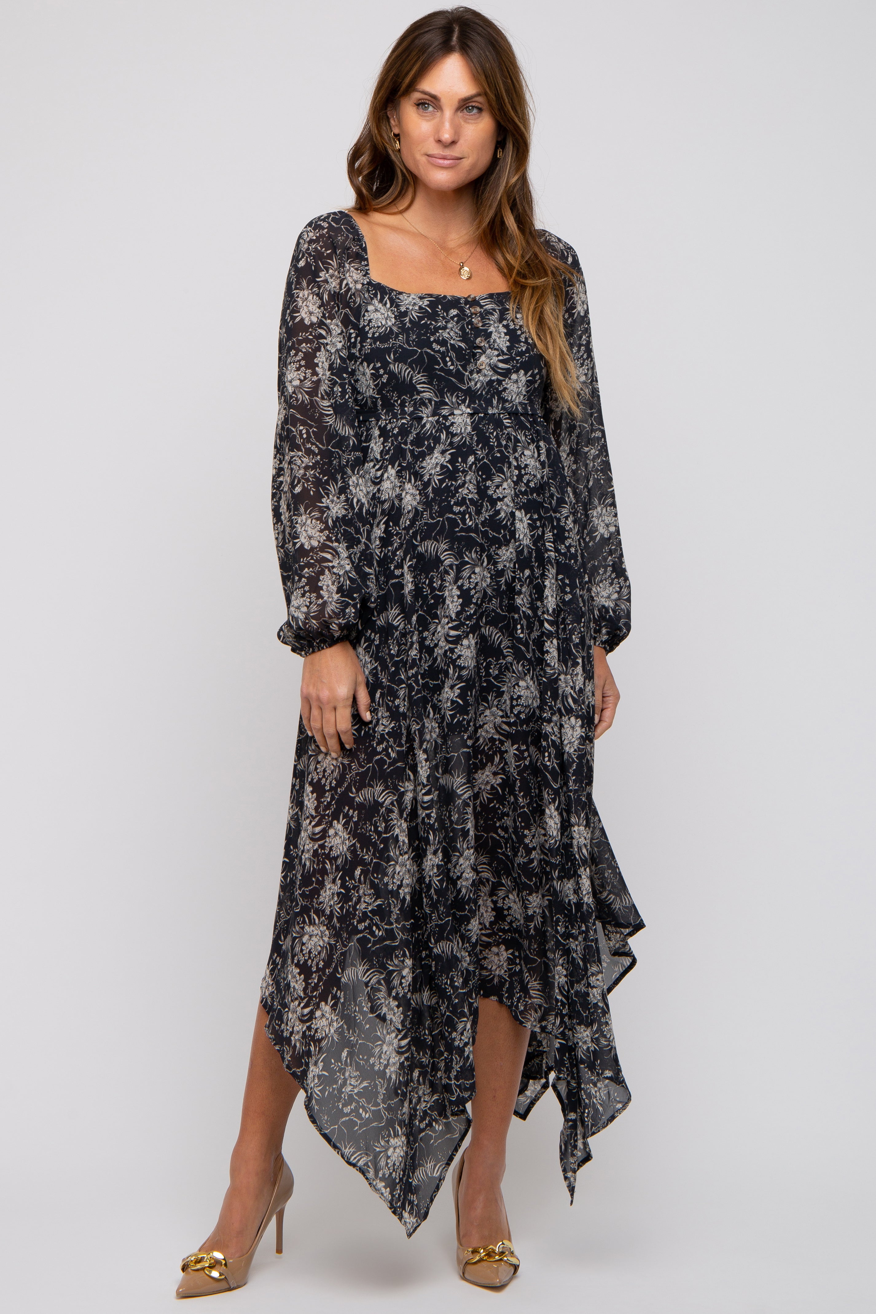 Charcoal Floral Chiffon Square Neck Button Front Midi Dress
