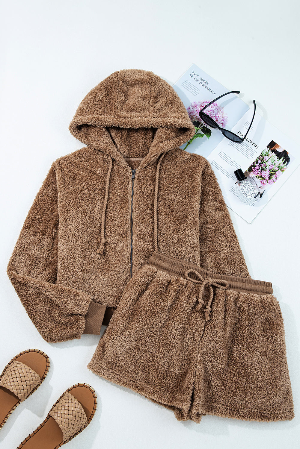 Women's Chocolate Brown Sherpa Zip-Up Hoodie and Shorts Set