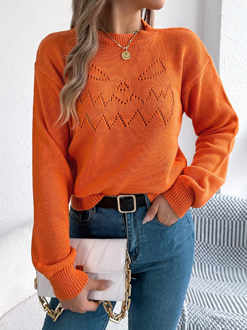 Openwork Round Neck Long Sleeve Sweater