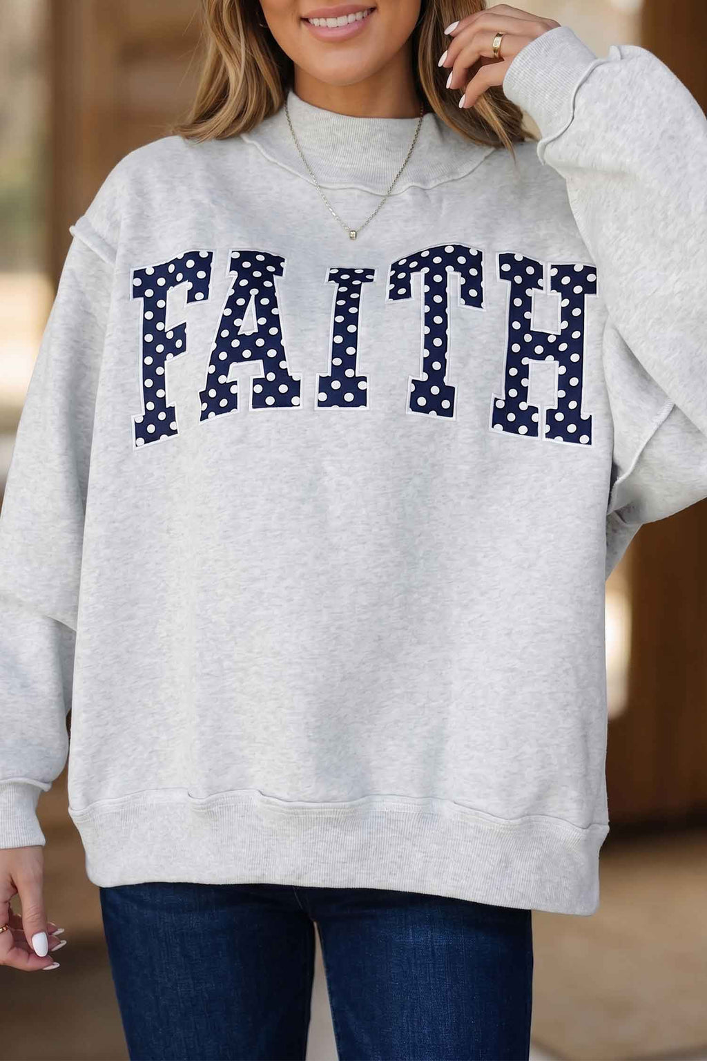 Light Grey High Neck Polka Dot Slogan Printed Baggy Sweatshirt
