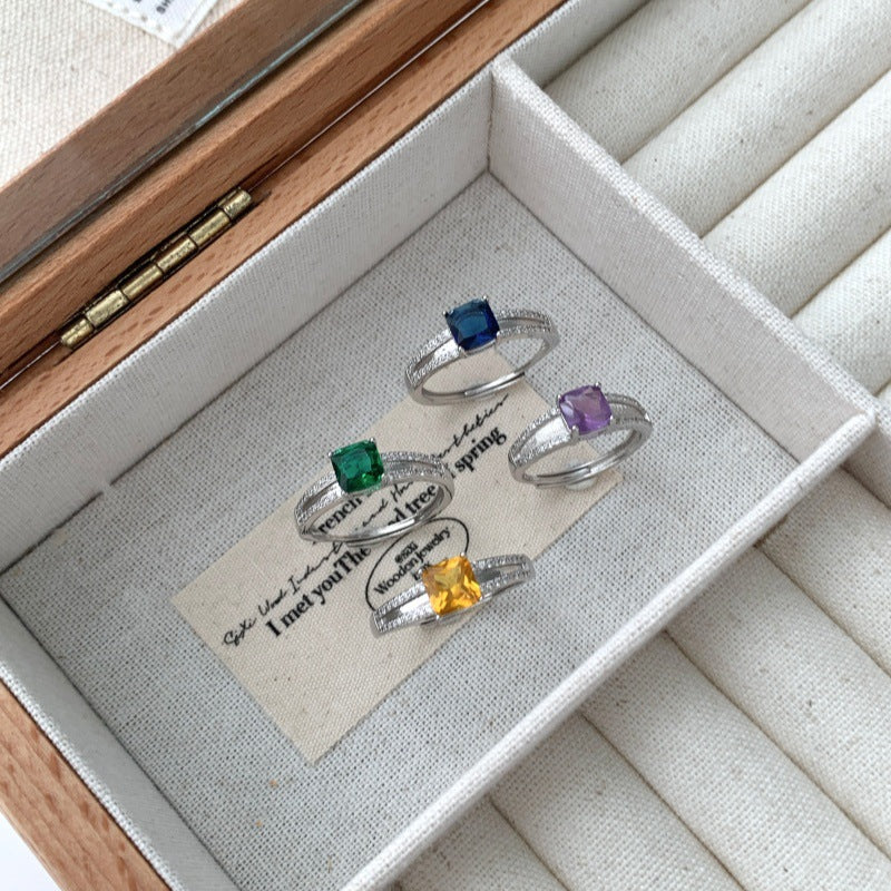 Luxury Multicolor Gemstone Ring For Women, Natural Amethyst Square Band, Micro-set Zircon High-end Style