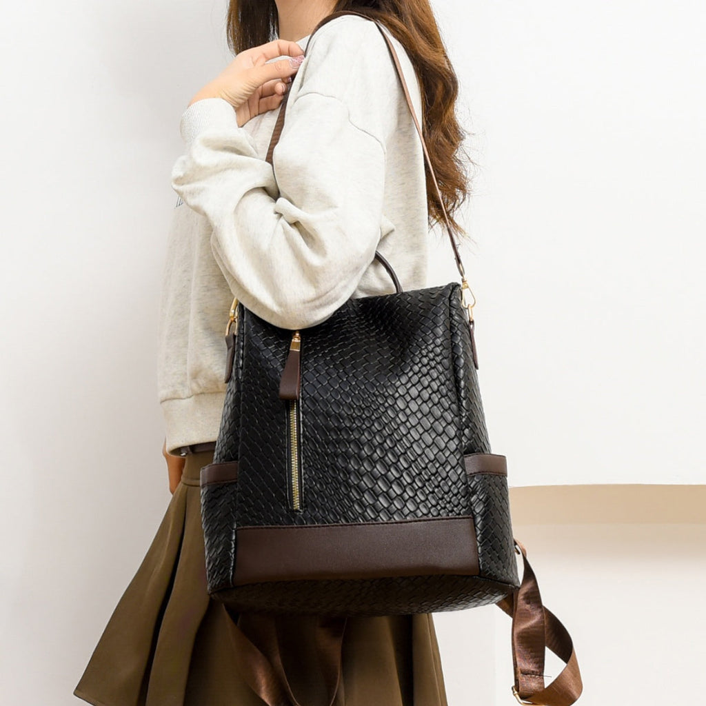 Woven Texture PU Leather Backpack Convertible Shoulder Bag