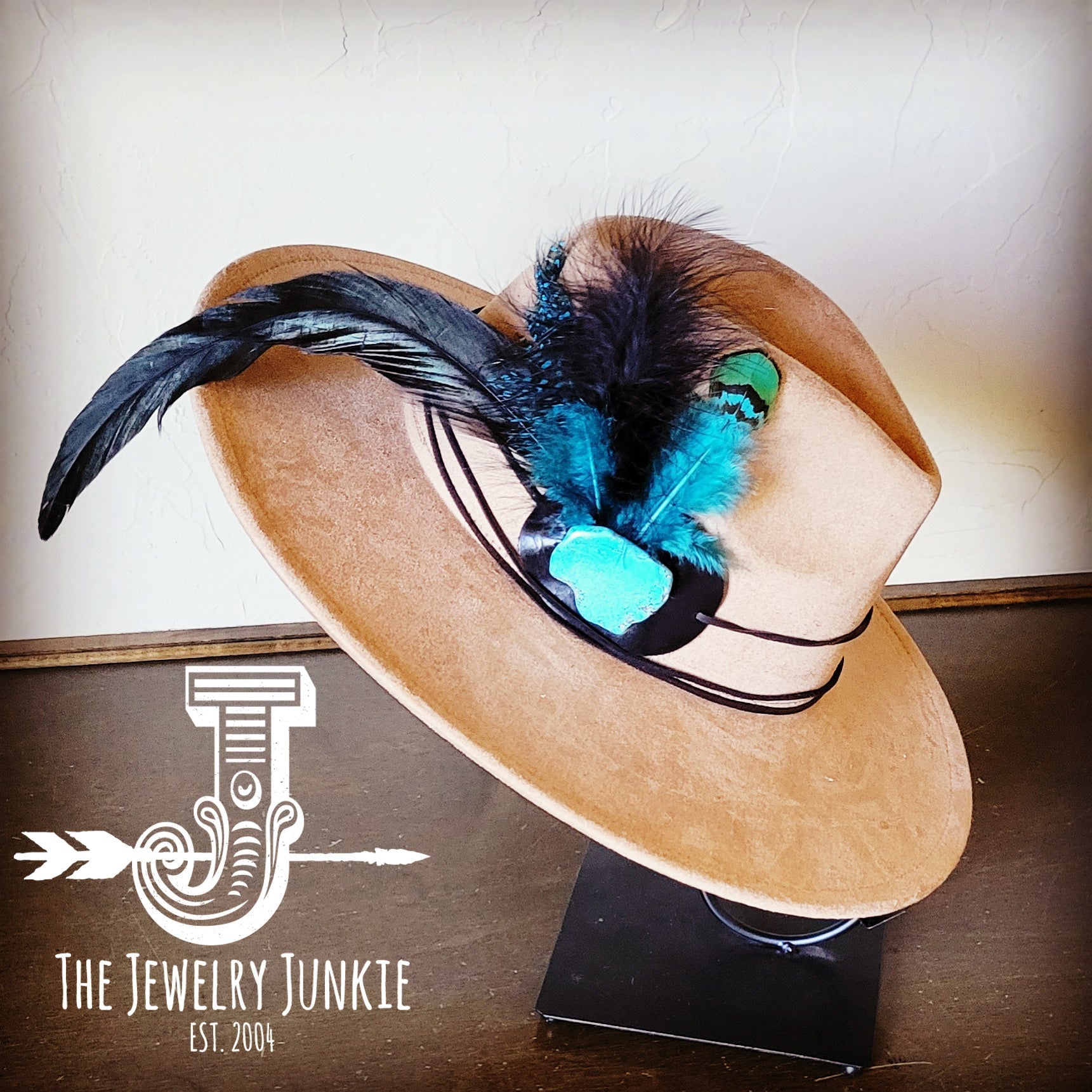 Blue Spotted Feather & Turquoise Slab Hat Band with Felt Hat