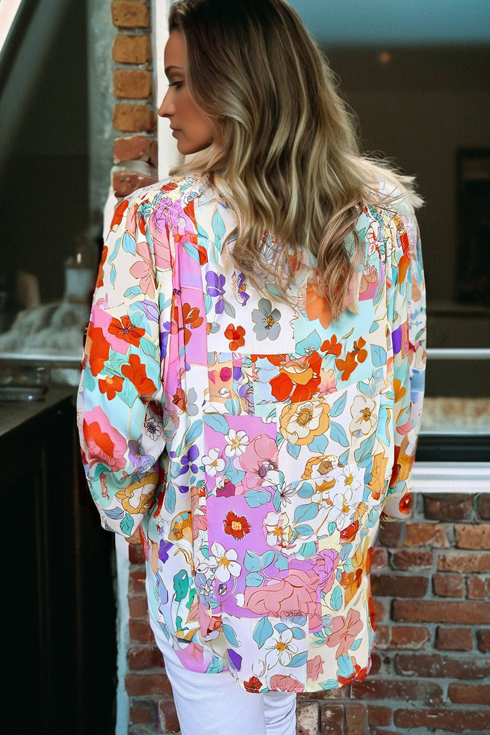 Pink Floral Patchwork Frilly Long Sleeve Shirt