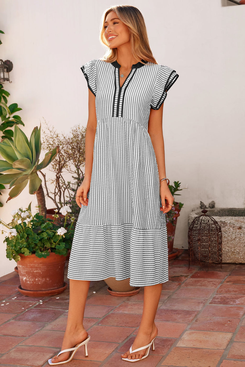 Charley Striped V-Neck Long Dress with Ruffle Sleeves