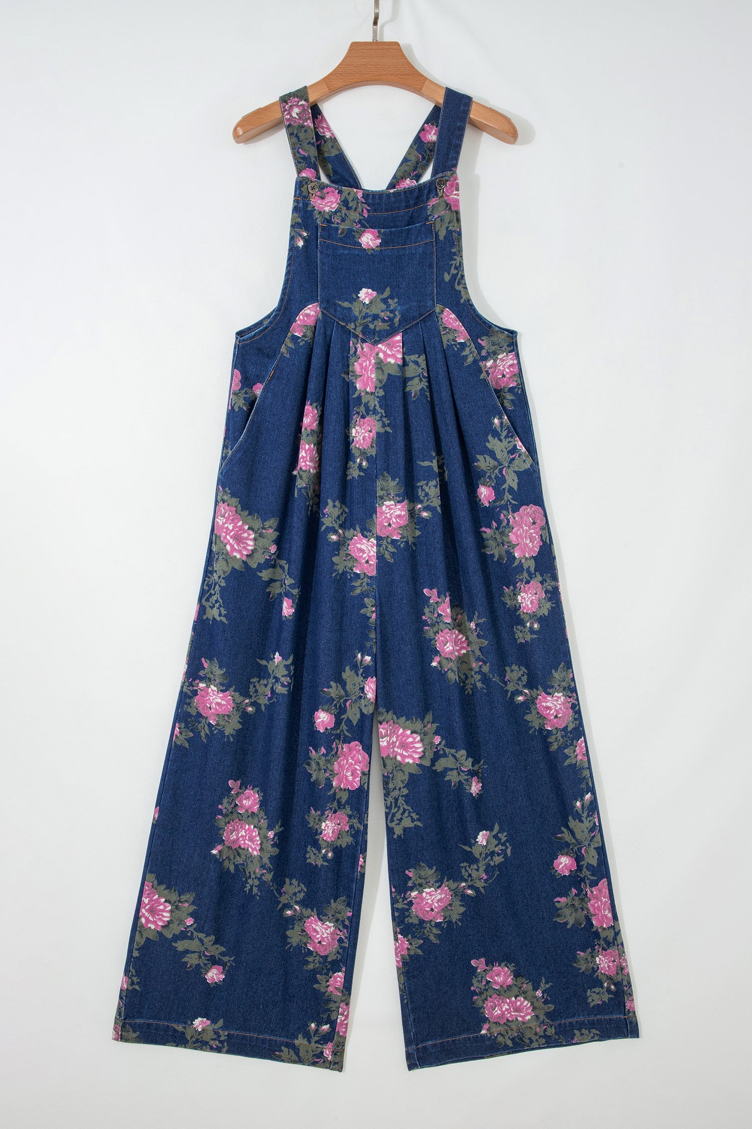 Akira Floral Print Wide Leg Denim Jumpsuit with Pleated Details