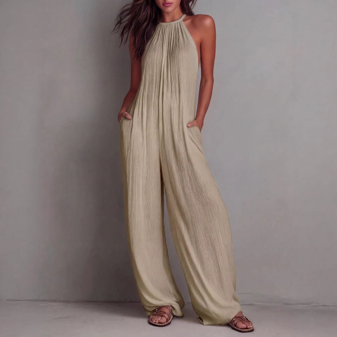 Women's Sleeveless Wide-Leg Pleated Jumpsuit in Burgundy - Image 5