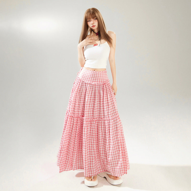 Women's Pink Plaid Tiered A-Line Maxi Skirt Harajuku Style - Image 4