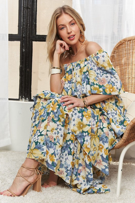 Flowy layered floral off-shoulder maxi dress with ruffled details for a romantic look