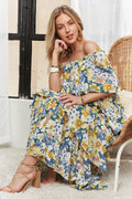 Flowy layered floral off-shoulder maxi dress with ruffled details for a romantic look