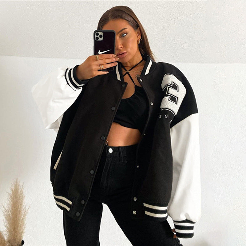Women's Oversized Lettered Varsity Baseball Jacket Black White - Image 6