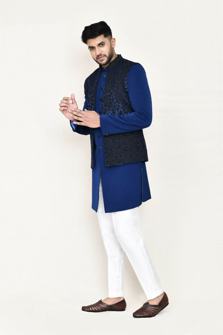 Blue Imported Jacquard Open Jacket Indo Western Set with Pant