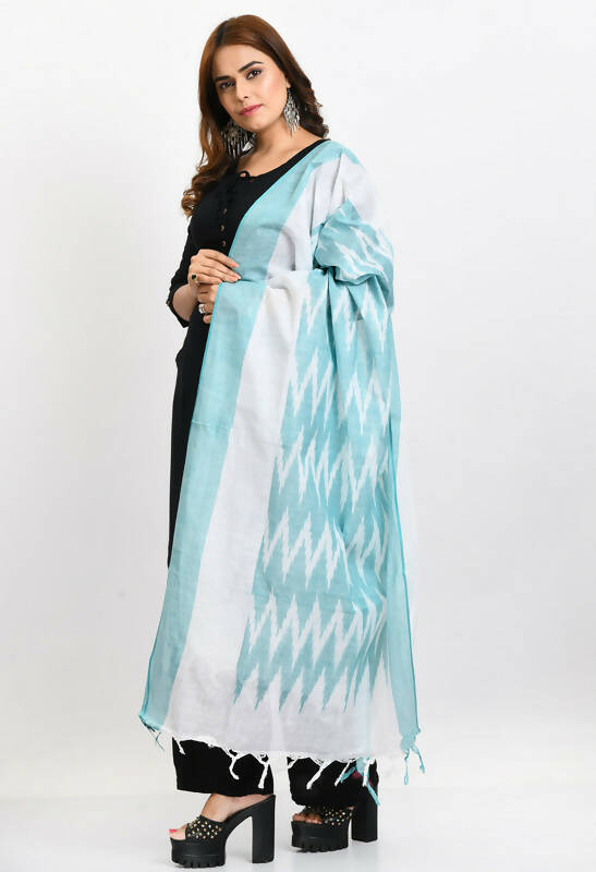 Handloom Cotton Ikkat Sea Green Dupatta for Women