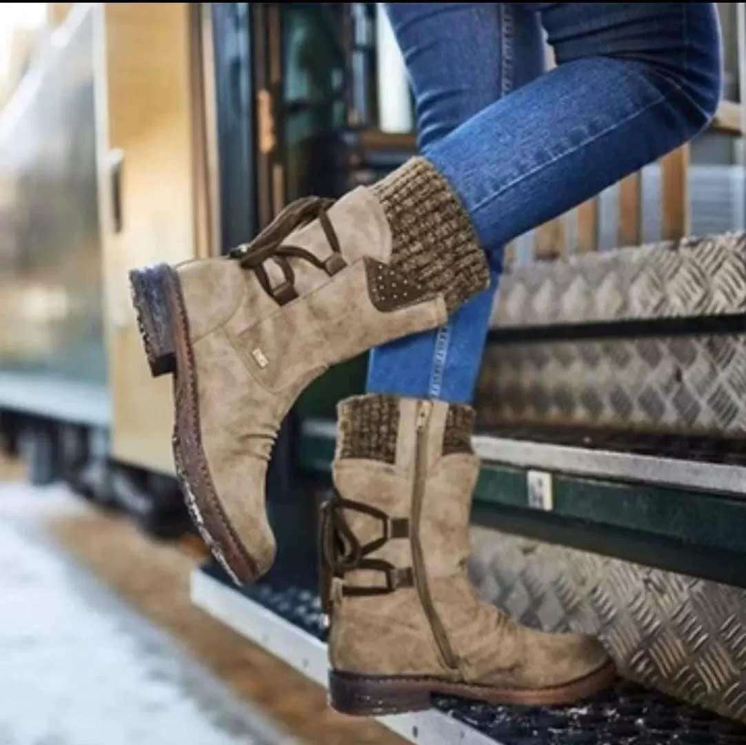 Women's Mid-Calf Lace-Up Boots with Knit Cuff and Side Zipper - Image 3