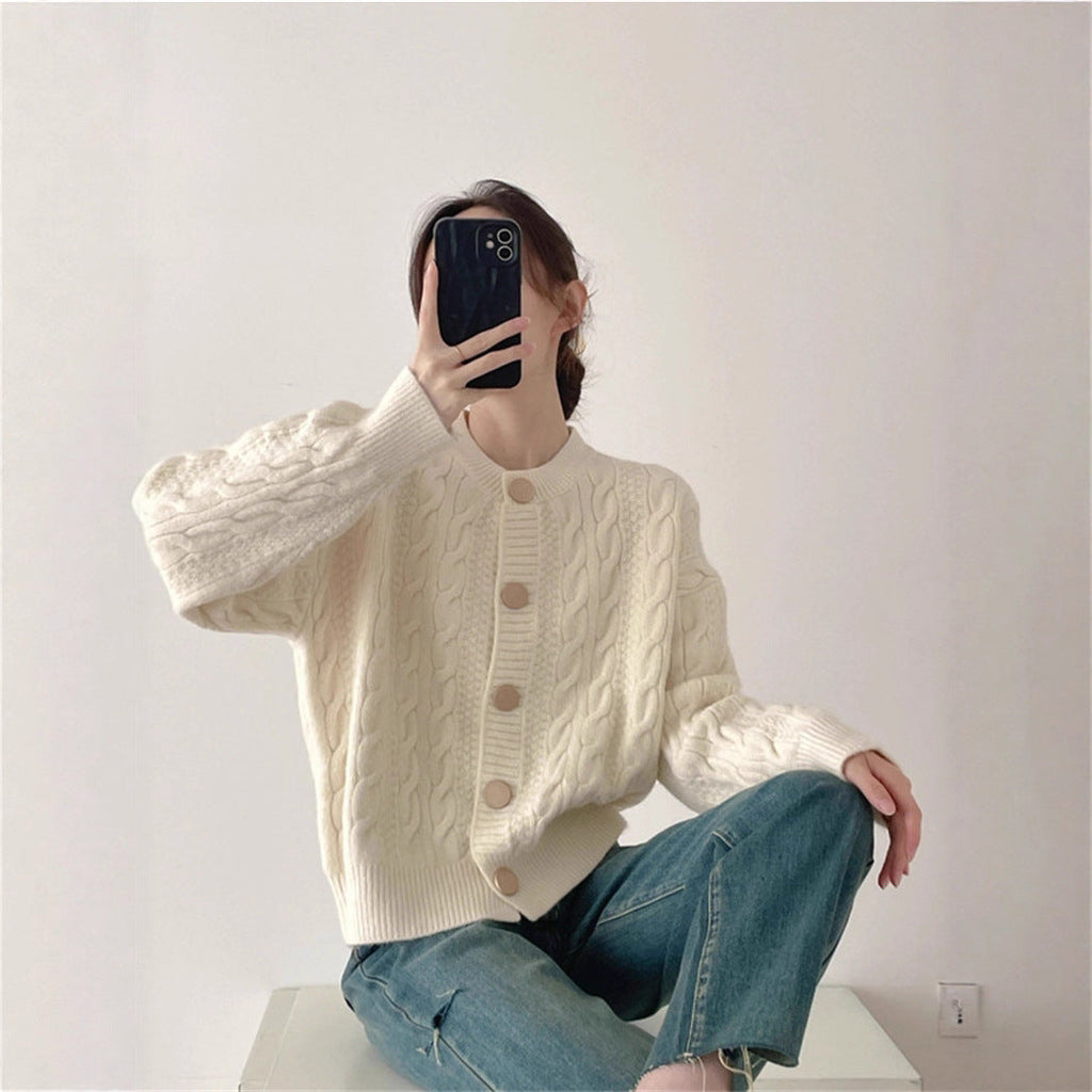 Gentle Cable Knit Cardigan for Women - Soft Round Neck Sweater - Image 4