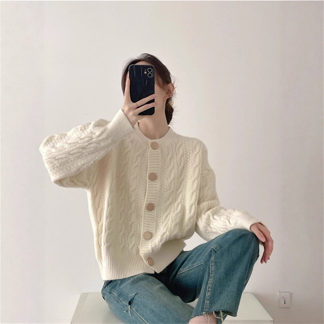 Gentle Cable Knit Cardigan for Women - Soft Round Neck Sweater - Image 4