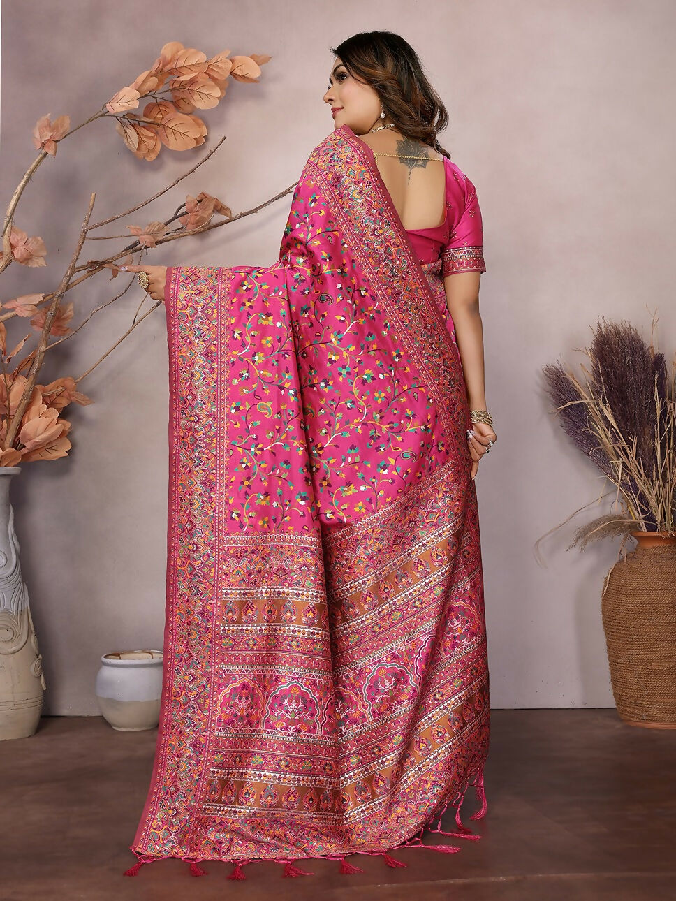 Rani Pink Meena Weaves Silk Blend Pashmina Saree with Blouse