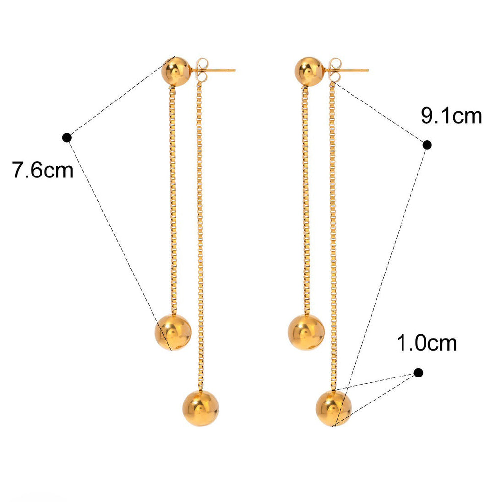 18K Gold Round Bead Tassel Drop Earrings, Lightweight Luxury